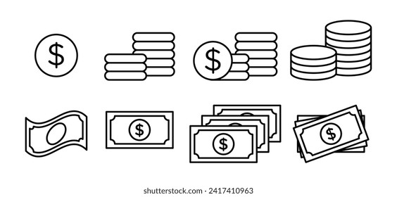 Juego de iconos de dinero. símbolo vector de notas en dólares. signo de pila de monedas. colecciones de iconos de billetes en papel