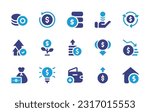 Money icon set. Duotone color. Vector illustration. Containing coin, cashback, money, transfer, currency, grow, profit, low cost, bankruptcy, money bag, light bulb, add, revenue, home value.