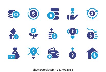 Money icon set. Duotone color. Vector illustration. Containing coin, cashback, money, transfer, currency, grow, profit, low cost, bankruptcy, money bag, light bulb, add, revenue, home value.