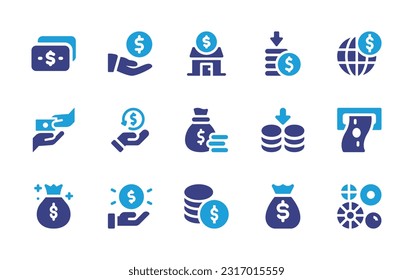 Juego de iconos de dinero. Color de duotona. Ilustración vectorial. Con dólares, acciones, casas, pérdidas, inversiones, donaciones, dinero, dinero, dinero, ahorro, retiro, dinero, monedas.