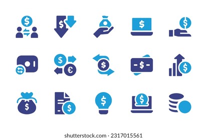 Juego de iconos de dinero. Color de duotona. Ilustración vectorial. Con transferencia, pérdida de dinero, entrega, laptop, financiación, dinero, cambio, beneficios, bolsa, contrato, banca por Internet.