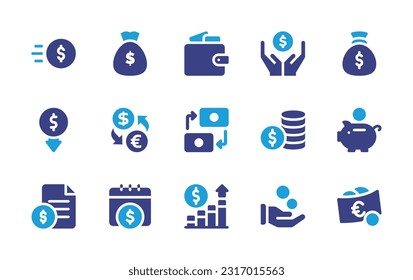 Money icon set. Duotone color. Vector illustration. Containing money, money bag, wallet, save money, coin, foreign currency exchange, transaction, coins, file, graph, hand, euro.