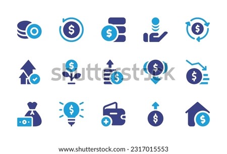 Money icon set. Duotone color. Vector illustration. Containing coin, cashback, money, transfer, currency, grow, profit, low cost, bankruptcy, money bag, light bulb, add, revenue, home value.