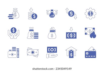 Money icon set. Duotone style line stroke and bold. Vector illustration. Containing money, bag, loss, flow, gear, investment, back, guarantee, house, credit, card.