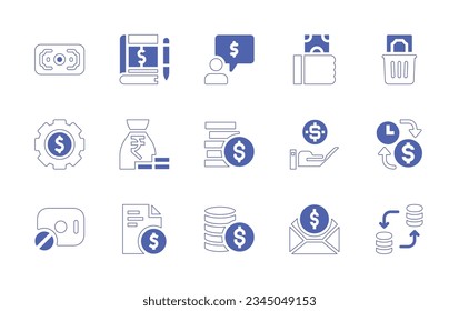 Money icon set. Duotone style line stroke and bold. Vector illustration. Containing money, book, keeping, messenger, save, wasted, management, rupee, coins, get, time, is, business, report, coin.