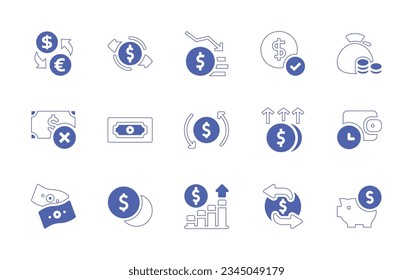Money icon set. Duotone style line stroke and bold. Vector illustration. Containing foreign, currency, exchange, transfer, bankruptcy, dollar, money, bag, payment, wallet, coin, graph, box.