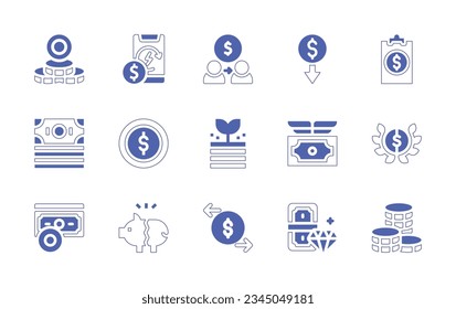 Money icon set. Duotone style line stroke and bold. Vector illustration. Containing money, payment, partner, coin, profits, no, savings, transfer.