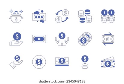Money icon set. Duotone style line stroke and bold. Vector illustration. Containing money, laundering, exchange, loan, flow, value, dollar.