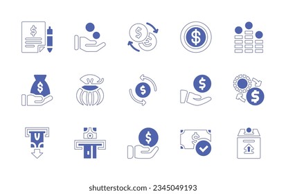 Juego de iconos de dinero. Curso de línea de estilo duotónico y negrita. Ilustración vectorial. Conteniendo presupuesto, solicitud, mano, cambio, moneda, ahorro, dinero, bolsa, efectivo, devolución, acción, cambio, retiro, caja.