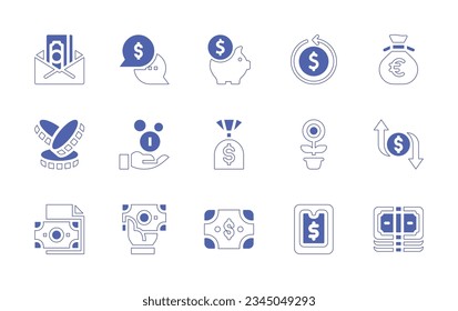 Money icon set. Duotone style line stroke and bold. Vector illustration. Containing money, piggy, bank, back, bag, earn, growth, digital.