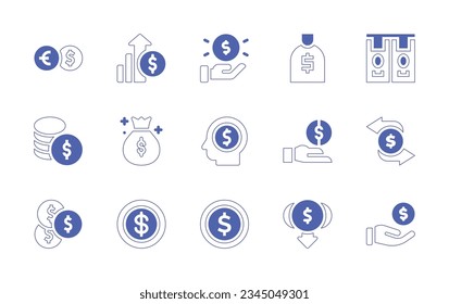 Money icon set. Duotone style line stroke and bold. Vector illustration. Containing money, exchange, profit, bag, laundering, mindset, funding, dollar, symbol, low, cost, earnings.