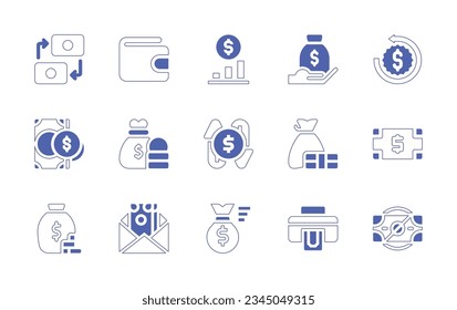 Money icon set. Duotone style line stroke and bold. Vector illustration. Containing transaction, wallet, finance, revenue, money, back, guarantee, bag, flow, fake, no.