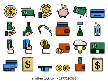 Juego de iconos de dinero. Contorno de negrita editable con diseño de relleno de color. Ilustración vectorial.