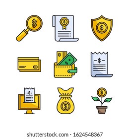 Money icon set (Filled Line) = Search Dollar, Certificate, Shield, Credit card, Wallet, Invoice, Invoice online, Money bag, Business Growth
