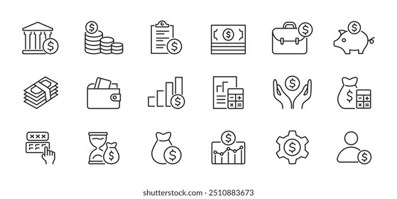 Conjunto de iconos de dinero. Finanzas, economía, banca, pago, billetera en efectivo. Vector.