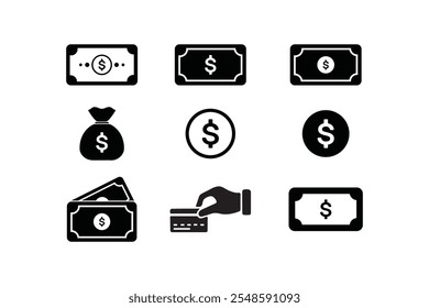 Geld-Icon-Set. Finanzsymbol setzt Vektorgrafiken auf weißem Hintergrund.