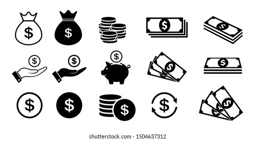 Money icon set in flat style. Money bag, coins and dollar symbols. Piggy bank and money in hand icons isolated on white. Paper money icons in black Vector illustration for graphic design, Web, UI, app