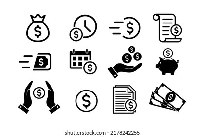 Money icon set in flat style. Money bag, coins and dollar symbols. Piggy bank and money in hand icons isolated on white. Paper money icons in black Vector illustration for graphic design, Web, UI, app