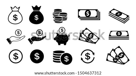 Money icon set in flat style. Money bag, coins and dollar symbols. Piggy bank and money in hand icons isolated on white. Paper money icons in black Vector illustration for graphic design, Web, UI, app