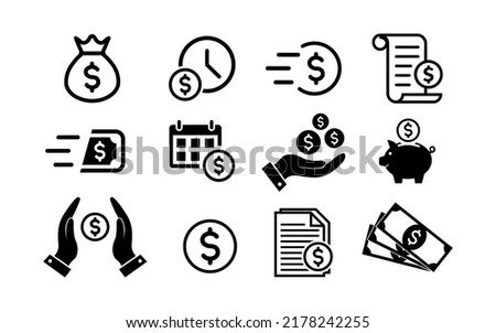 Money icon set in flat style. Money bag, coins and dollar symbols. Piggy bank and money in hand icons isolated on white. Paper money icons in black Vector illustration for graphic design, Web, UI, app