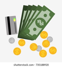 Money icon set. Green dollars, coins and credit card. Vector stock illustration