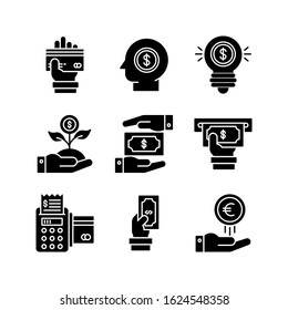 Money icon set = hand credit card, head, lamp, business growth, donation, atm, edc machine, payment, income euro