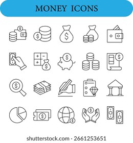 Conjunto de iconos de dinero. Los iconos incluyen pilas de monedas, bolsas de dinero, una cartera, una hucha. . Iconos de línea editables.