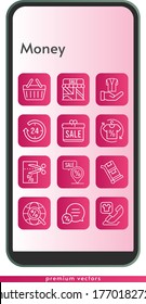 money icon set. included gift, 24-hours, shop, shirt, chat, voucher, phone call, jacket, placeholder, shopping basket, internet, trolley icons on phone design background . linear styles.