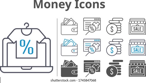 money icon set included online shop, wallet, shop, money icons