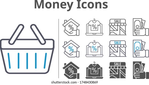 money icon set included online shop, mortgage, shop, money, shopping-basket icons