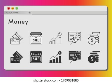 money icon set. included profits, online shop, shop, money, credit card icons on white background. linear, filled styles.