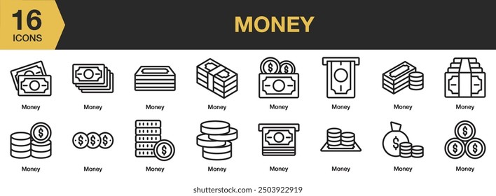 Money icon set. Includes coins, money, cash, wallet, layers money, dollar, and More. Outline icons vector collection.