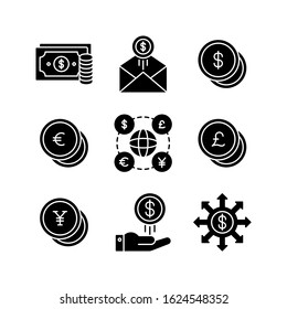Money icon set = money, invoice, dollar, euro, exchange, pounds, yen, payment, cash flow investment