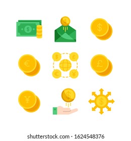 Money icon set = money, invoice, dollar, euro, exchange, pounds, yen, payment, cash flow investment