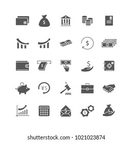 Money icon set isolated on white backgroud. Flat icons for web site, mobile app, interface and law. Simple finance symbols like: dollar, euro, coin, safe, money wallet and chart. Vector illustration