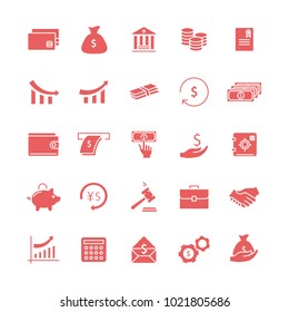 Money icon set isolated on white backgroud. Flat icons for web site, mobile app, interface and law. Simple finance symbols like: dollar, euro, coin, safe, money wallet and chart. Vector illustration