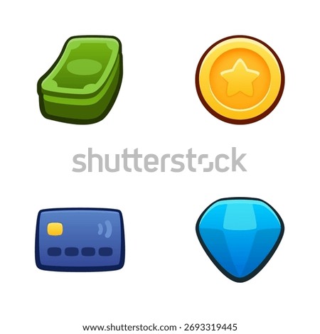 Money icon set. Isolated vector illustration of mobile game sprites. Design for stickers, logo, mobile app. Arcade or match 3 2d graphics game asset. Flat 3d currency item sprites sheet.
