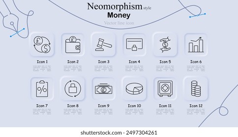 Icono de dinero en estilo neomorfismo. Cambio de divisas, billetera, mazo, pago en línea, manos que sostienen el dinero, gráfico, descuento, reembolso, efectivo, gráfico circular, caja fuerte, pila de monedas, arte de línea de Vector