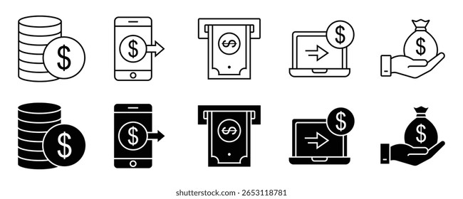 Conjunto de iconos de dinero. Esquema y iconos de finanzas de estilo sólido con efectivo, transferencia, retiro, cartera y bolso del dinero, Vector para el App, Web y diseño de ui