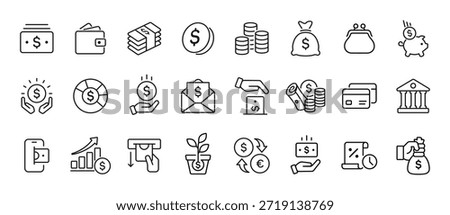 Money icon set outline style. Financial and banking line icon collection. Business and investment symbols. Wallet, cash, piggybank, bank, mobile banking concepts.