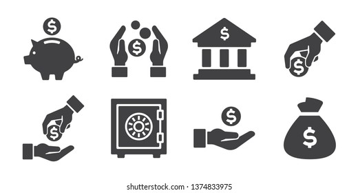 Money icon set. Piggy bank, Safe, Bank, Money bag. Hands giving, taking and holding money. Business financial symbol of being rich, make payment, financial process. Black flat glyph icon.