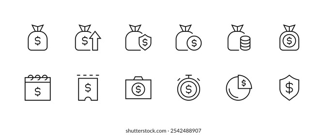 Money icon set. Revenue icon collection. Bill, coin, deposit, earning, cash and more. Editable stroke. Pixel Perfect. Grid base 32px.