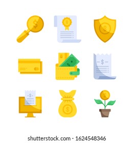 Money icon set = Search Dollar, Certificate, Shield, Credit card, Wallet, Invoice, Invoice online, Money bag, Business Growth