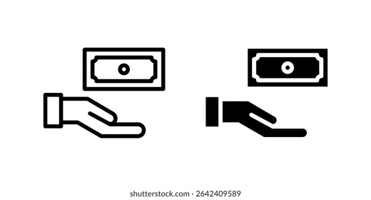 Money icon set showing hand offering currency for transaction, salary, or donation usage
