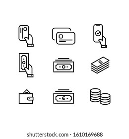 Money icon set simple outline flat symbols illustration.