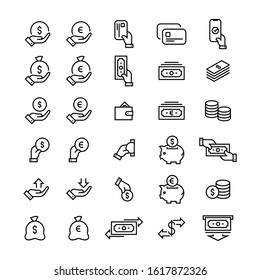 Money icon set simple outline flat symbols illustration.