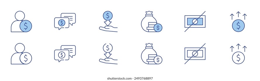 Money icon set in two styles, Duotone and Thin Line style. Editable stroke. expense, monitor, no, increase, employee, support.