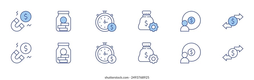 Geld-Symbol in zwei Stilen, Duotone und Thin Line Stil gesetzt. Editierbarer Strich. Geld, Countdown, Glas, Transaktion, Verdienst, Magnet.