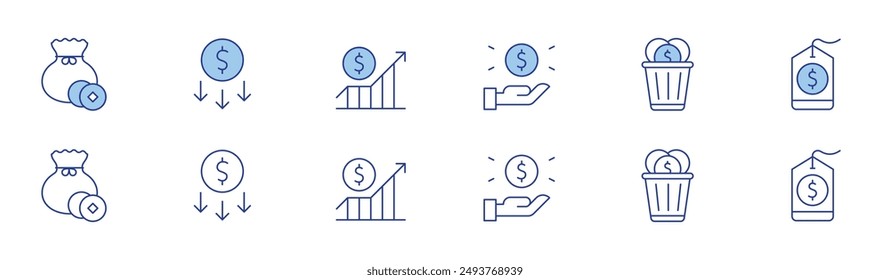 Money icon set in two styles, Duotone and Thin Line style. Editable stroke. money, price tag, stock, money bag, increase, money waste.