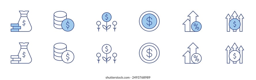 Money icon set in two styles, Duotone and Thin Line style. Editable stroke. profit, money, money bag, investment, arrows.